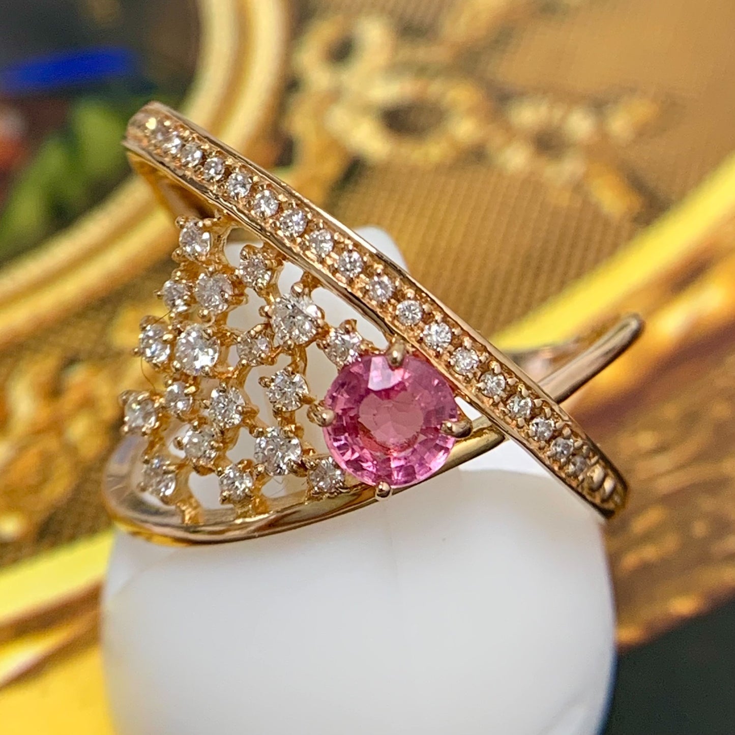 Padparadscha Sapphire Diamond Ring Size 56