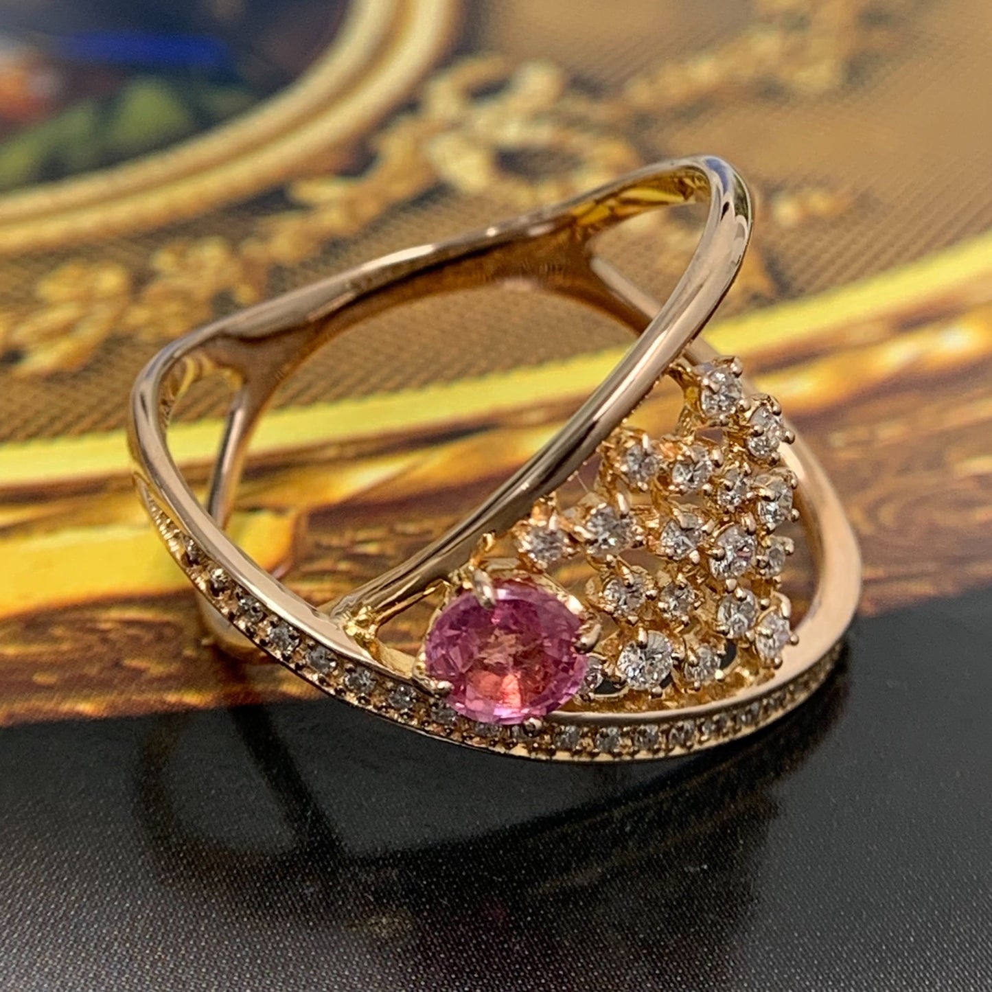 Padparadscha Sapphire Diamond Ring Size 56