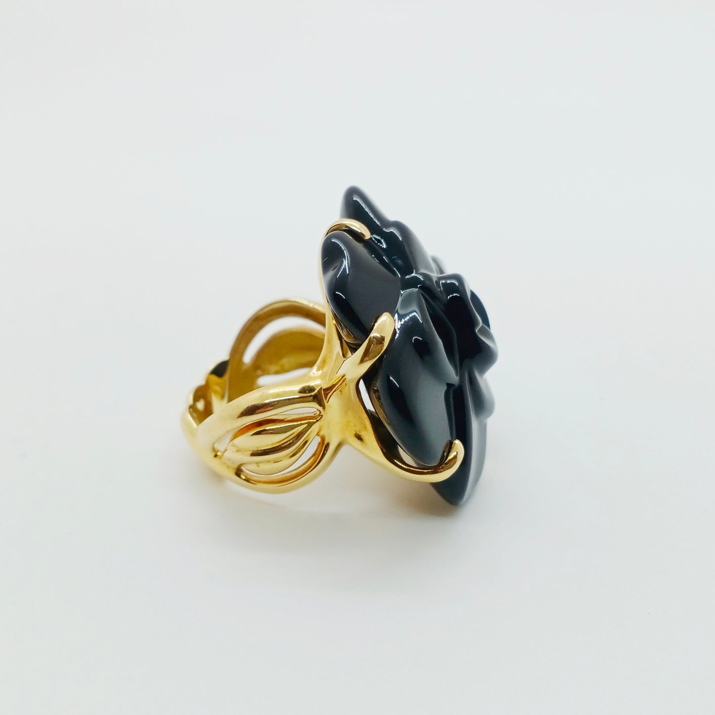 Chanel Camellia Onyx Ring Size 54