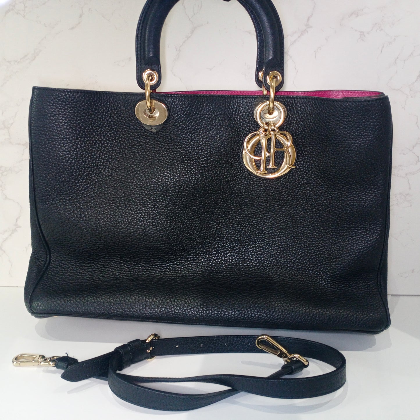 Dior Blck Grained Leather Large Diorissimo Shopper Tote