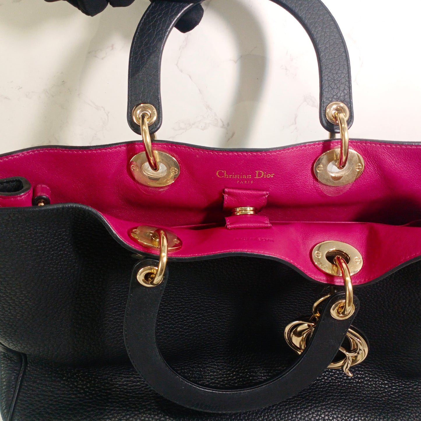 Dior Blck Grained Leather Large Diorissimo Shopper Tote