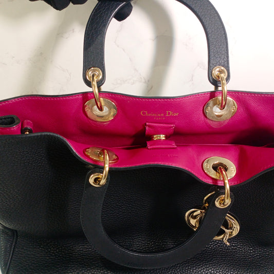 Dior Blck Grained Leather Large Diorissimo Shopper Tote