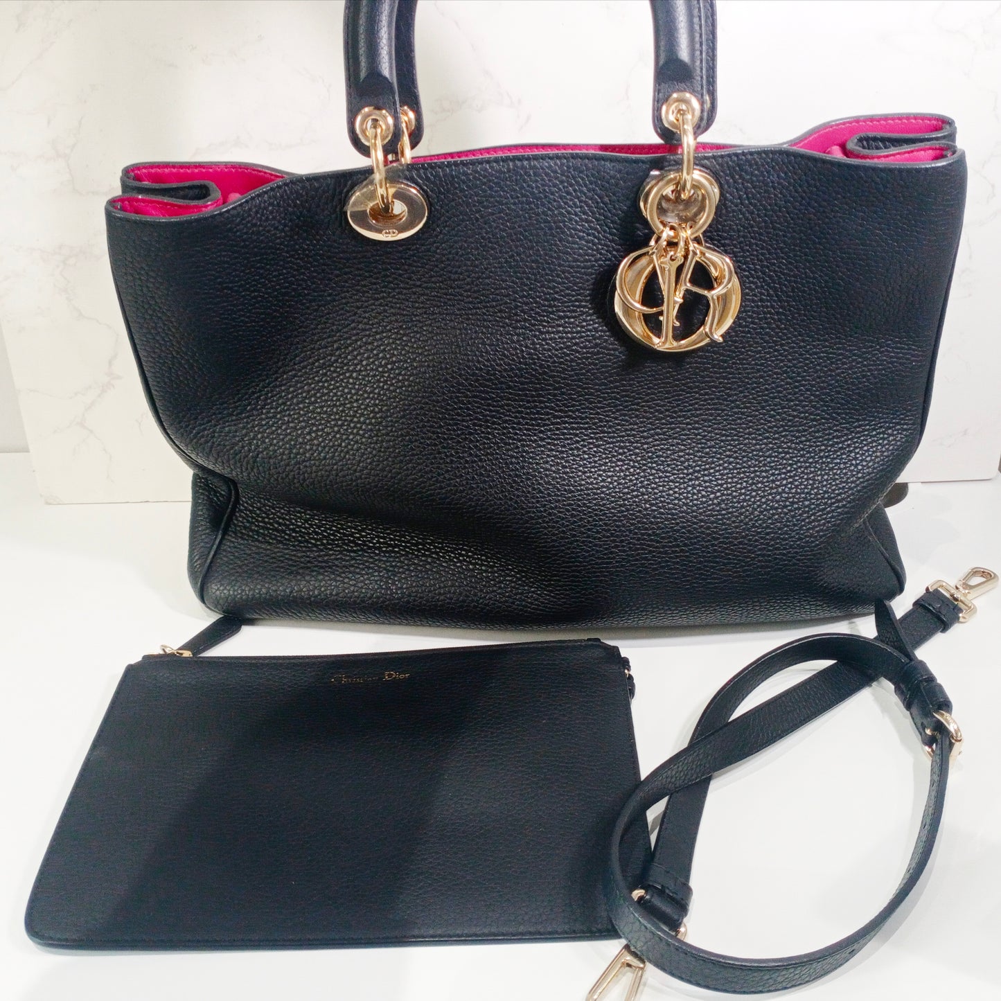 Dior Blck Grained Leather Large Diorissimo Shopper Tote