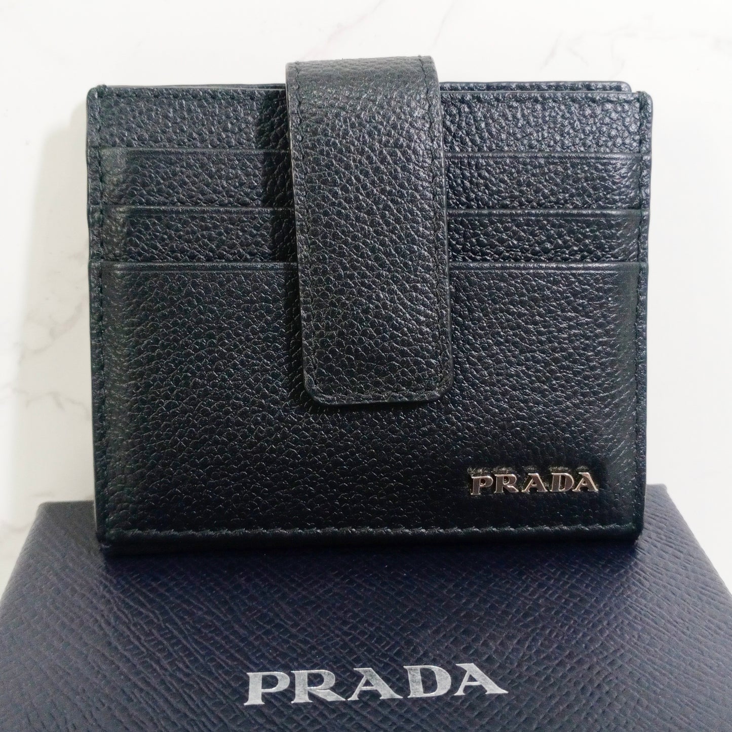 Prada Black Vitello Micro Grain Leather Card Holder
