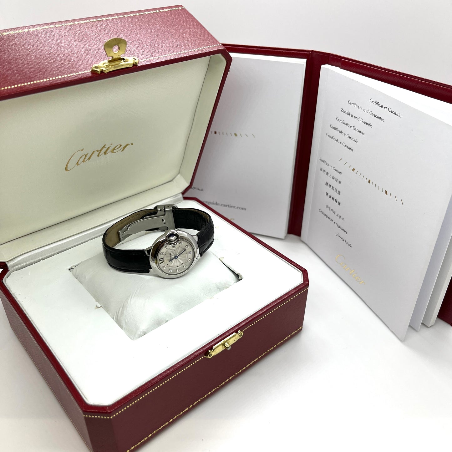 Cartier Ballon Bleu Diamonds Dial Black Leather Belt 3009