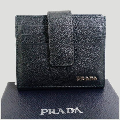 Prada Black Vitello Micro Grain Leather Card Holder